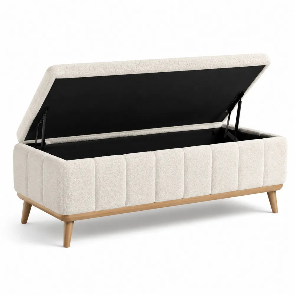 Panca contenitore in tessuto poliestere bianco crema con gambe in legno
