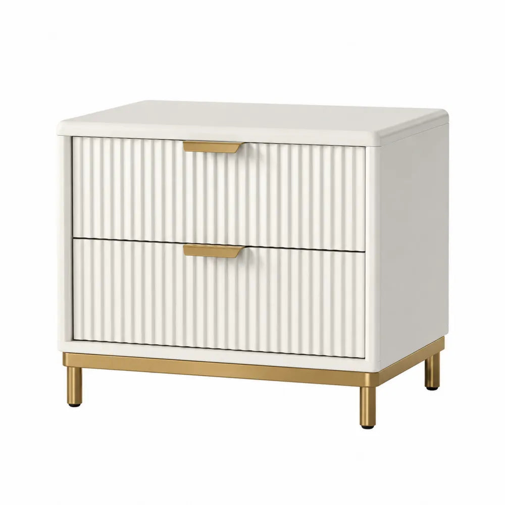 Comodino con 2 Cassetti in Legno MDF e Metallo, Bianco e Oro, 60x40x55 cm