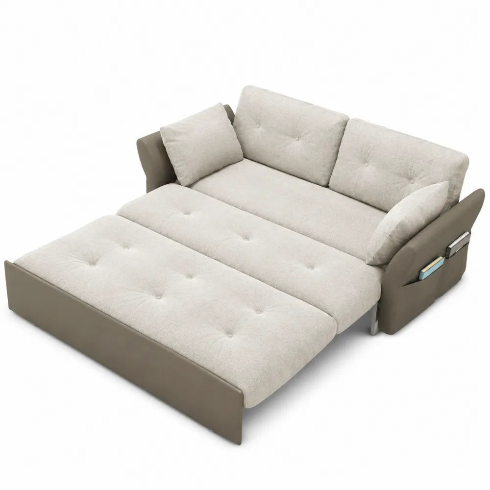 Divano Letto Convertibile in Tessuto Beige e Similpelle con Tasche Laterali