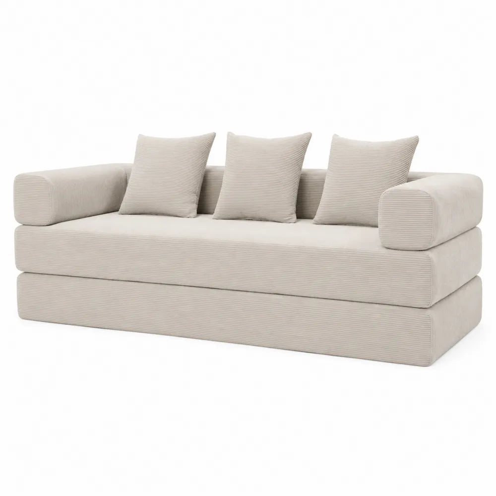 Divano in tessuto a coste beige con cuscini rimovibili
