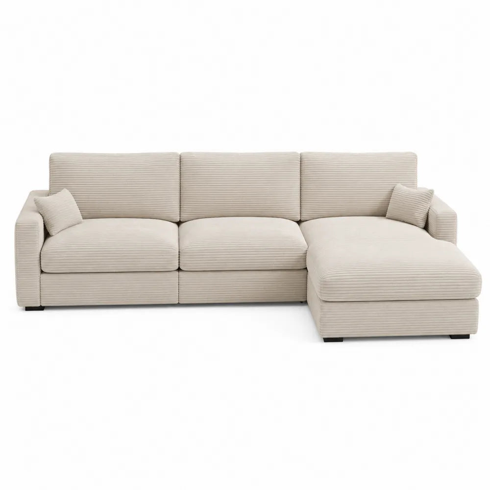 Divano angolare con chaise-longue in velluto a coste beige, 3 posti