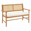 Panchina in legno di teak e rattan con cuscino bianco