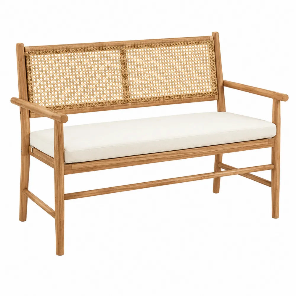 Panchina in legno di teak e rattan con cuscino bianco