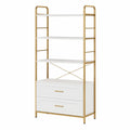 Libreria in legno e metallo con 4 ripiani e 2 cassetti bianco dorato