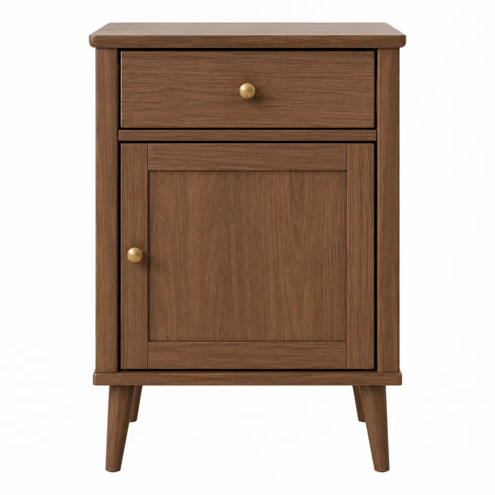Comodino in legno massello marrone con cassetto e anta