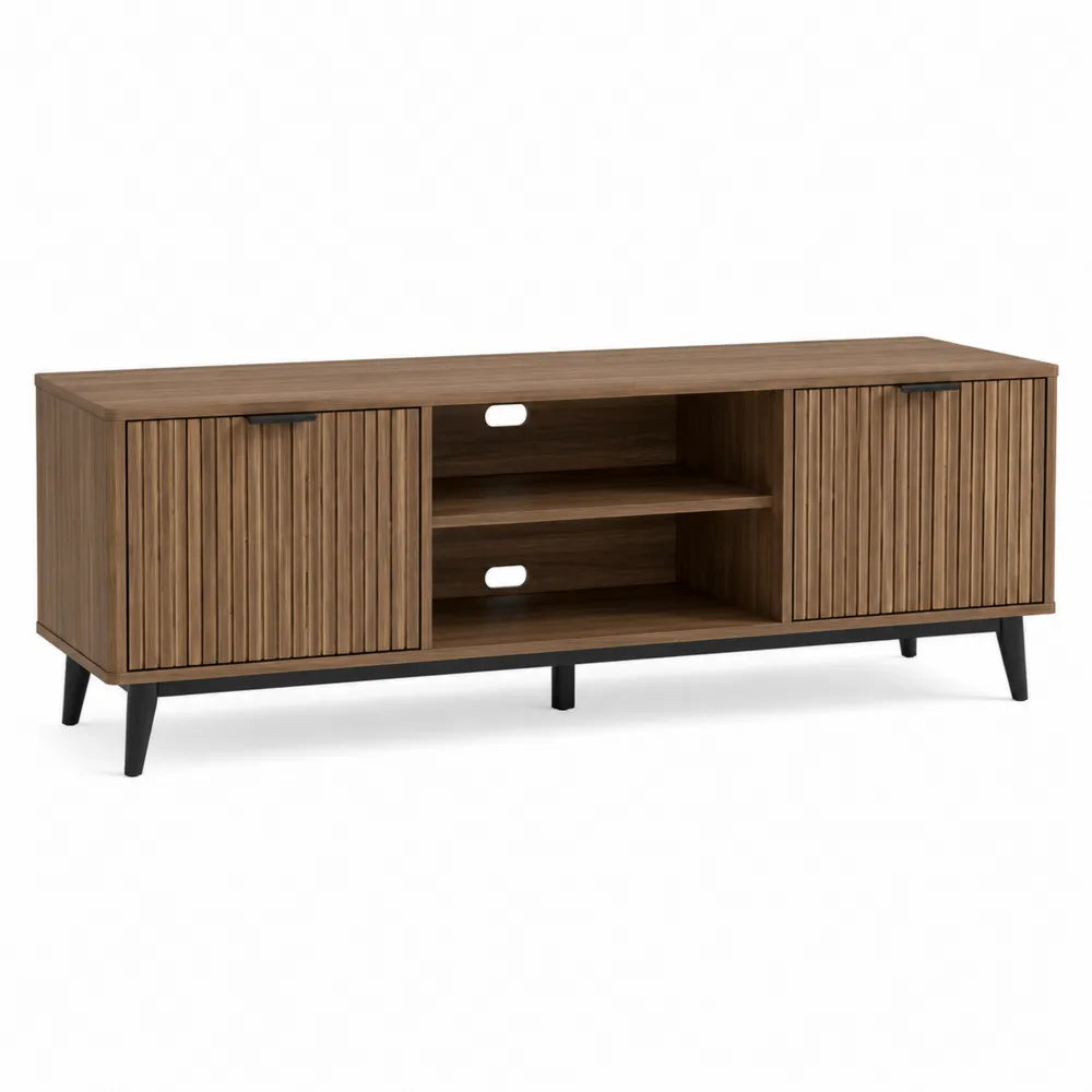 Mobile TV in Legno MDF con Ante a Doghe e Gambe in Metallo 150x40x50 cm
