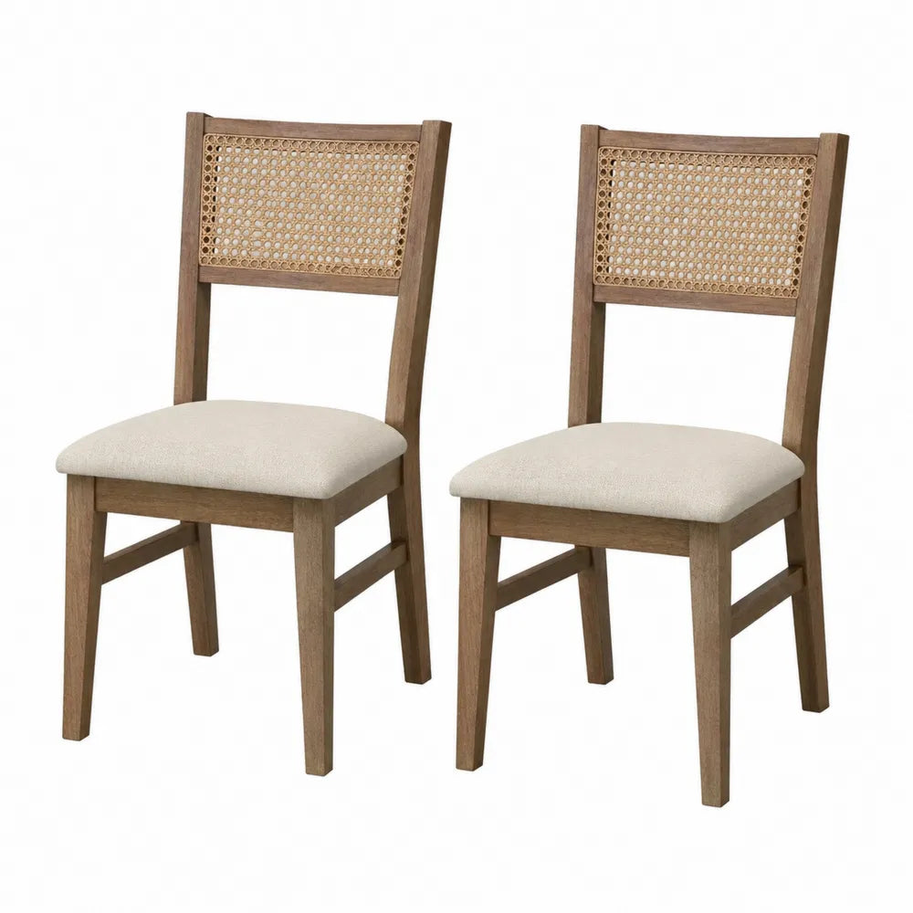 Set di 2 Sedie in Legno e Rattan con Seduta Imbottita Beige