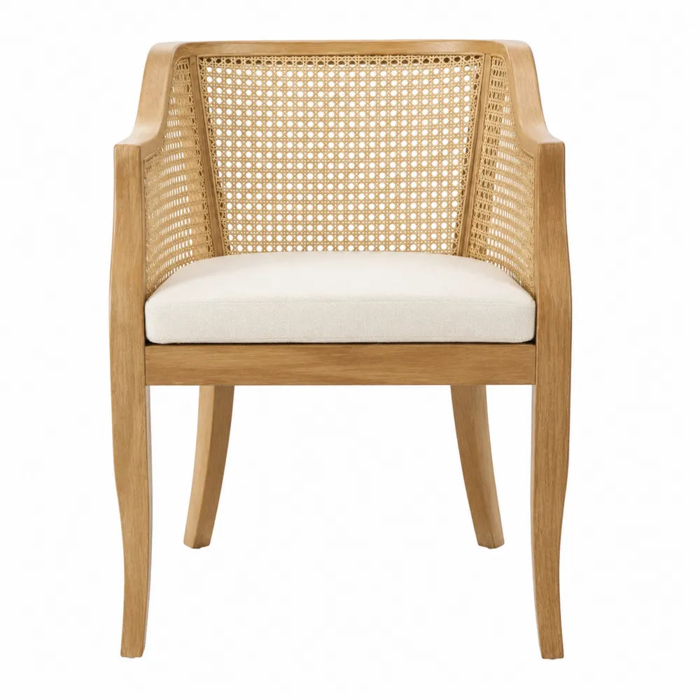Sedia da Pranzo in Legno e Rattan con Seduta in Cotone Beige