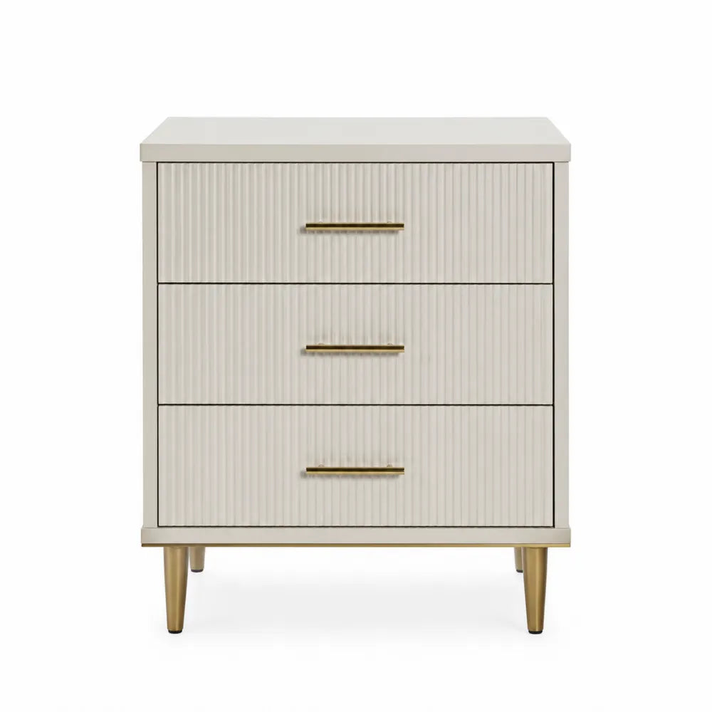 Comodino a 3 cassetti in legno e metallo con finitura bianco e dorato