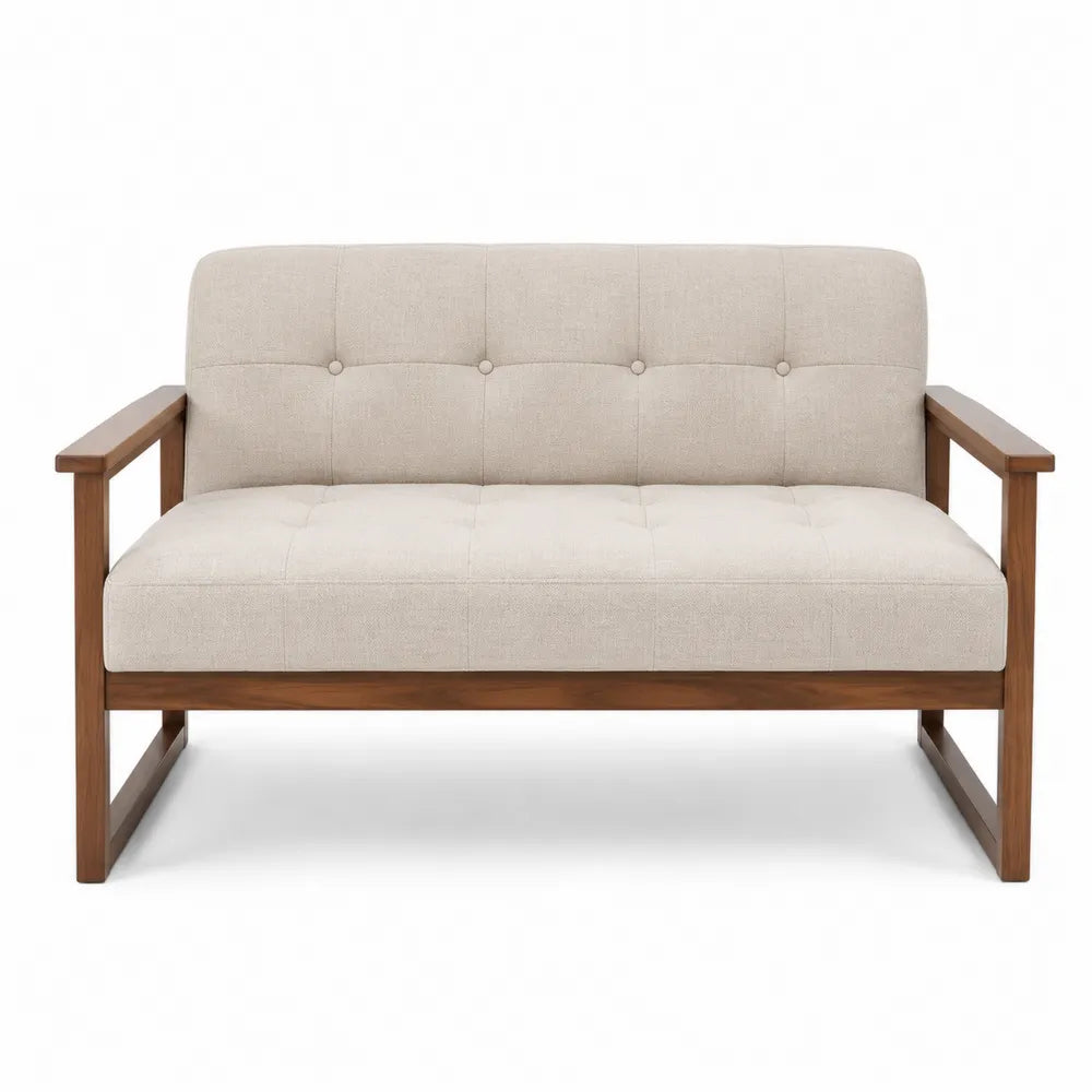 Divano a 2 Posti in Tessuto Poliestere Beige e Legno